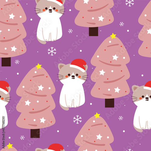 cute seamless pattern cartoon cat with tree in winter. cute animal wallpaper for gift wrap paper