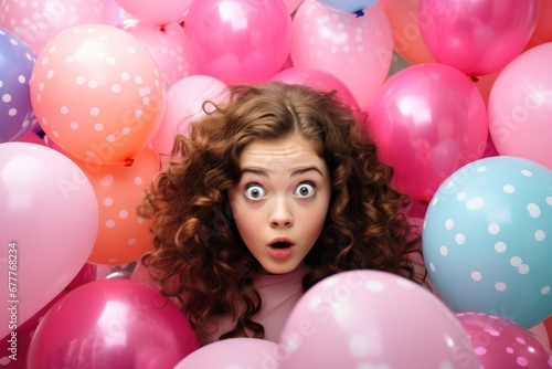 surprised curly-haired girl on solid bright background with colorful balloons.