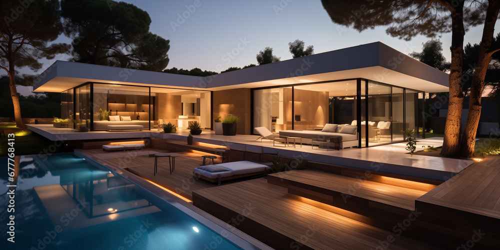 Modern patio outdoor with swimming pool. Modern house interior and exterior design