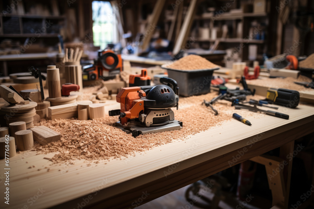 Carpenter's work table, Wood shavings with a arranged set of tools and plenty of space for product.