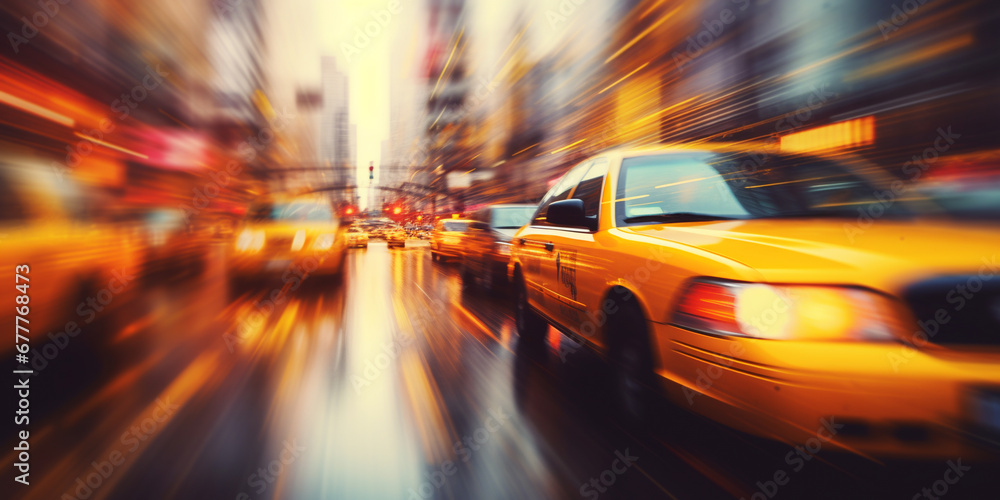 yellow taxi driving through the city during rush hour blur. ai generative