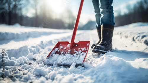 A person using a snow shovel to clear snow from a path after a winter storm. ai generative photo