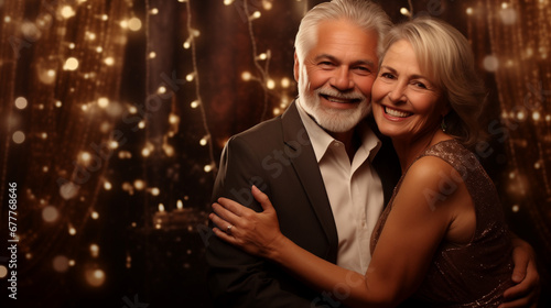 Happy senior couple at holiday party, holiday lights