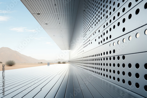 A minimal architectural detail consisting of perforated metal sheet of a building facade. photo