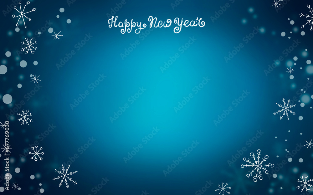 Happy new year teal background with snowflakes. Holiday greeting card. For postcards, banner, poster Happy new year teal background with snowflakes. Holiday greeting card. For postcards, banner, poster