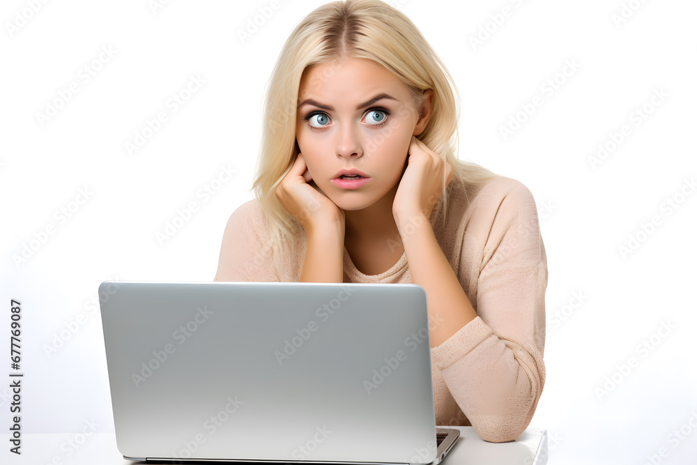 Young woman surprised or shocked looking at laptop screen isolated on white background Young woman surprised or shocked looking at laptop screen isolated on white background