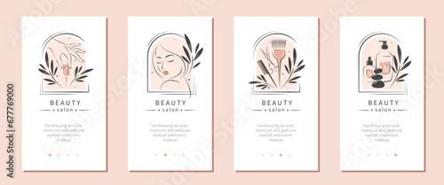 Beauty salon. Hairdressing services, manicure and pedicure, eyelash extensions, makeup. Vector illustrations