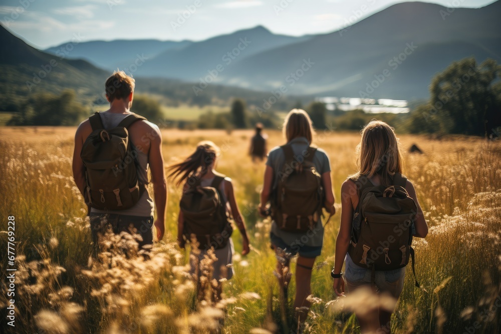 A family and friends hiking together in the mountains in the vacation trip week, sweaty walking in the beautiful nature, fields and hills with grass.