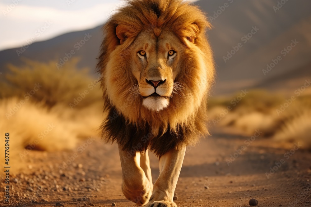 The lion king walking down the road. - obrazy, fototapety, plakaty 