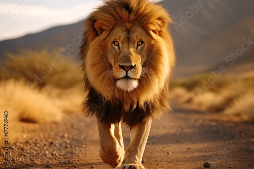 The lion king walking down the road. photo