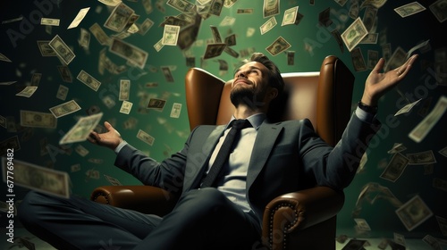 A businessman sits contented with his arms outstretched on a green sofa, US dollar bills falling from the top. photo