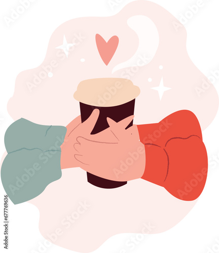 hands holding coffee cups, hot drinks Friends, couples celebrating together. Flat vector illustrations isolated on white background