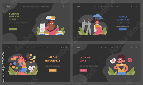 Childhood neurosis dark or night mode web or landing set. Children feeling anxious and depressed. School stress, media, family dynamics. Kid external pressures and heavy emotions. Flat vector