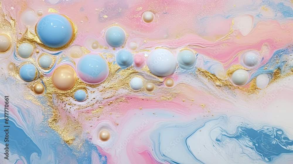 Abstract artistic background with pearlescent pink marble and holographic golden paint stains.