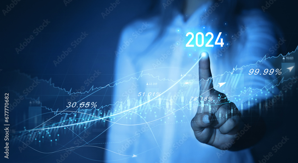 Businessman draw growth graph a year 2024 of business and data analysis. Development to success in year 2024.