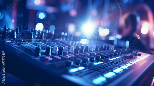 Digital sound mixer illuminates nightclub stage with blue lighting equipment. ai generative