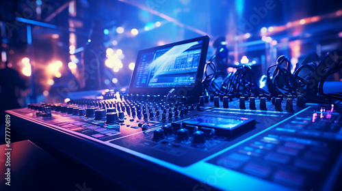 Digital sound mixer illuminates nightclub stage with blue lighting equipment. ai generative