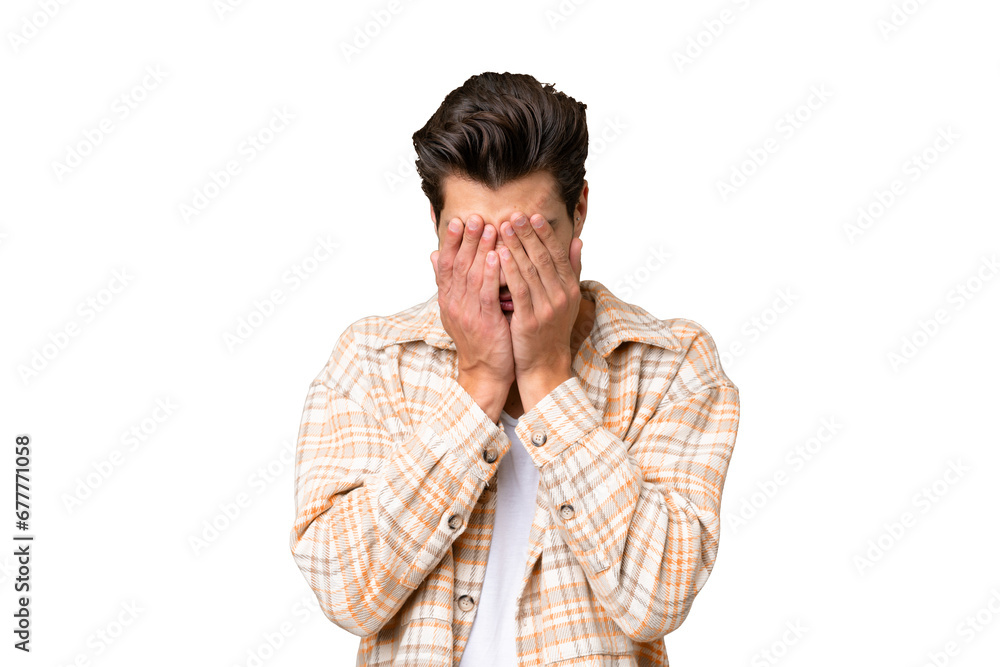 Young handsome caucasian man over isolated background with tired and sick expression Young handsome caucasian man over isolated background with tired and sick expression
