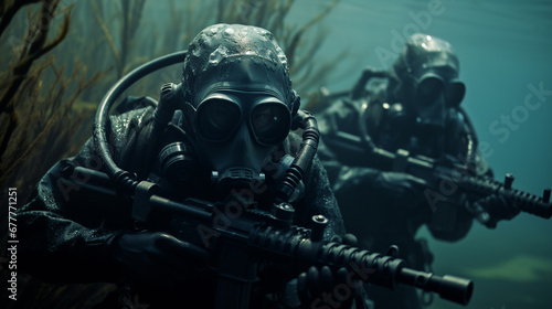 soldiers conduct a secret operation underwater. ai generative