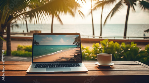 Laptop computer with coffee cup on wooden table on tropical beach background photo