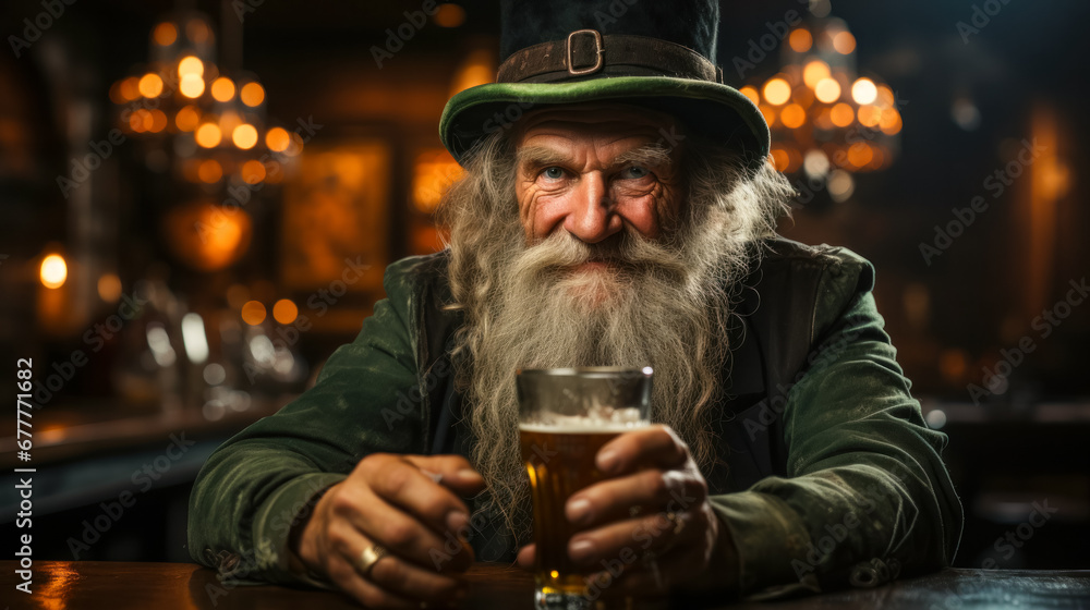 Old bearded gnome with glass of beer looking at the camera, St. Patrick's holiday, party invitation Old bearded gnome with glass of beer looking at the camera, St. Patrick's holiday, party invitation