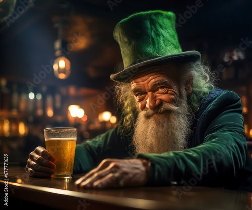 Old Leprechaun sitting at the bar in an old Irish bar, postcard for a St. Patrick's Day party