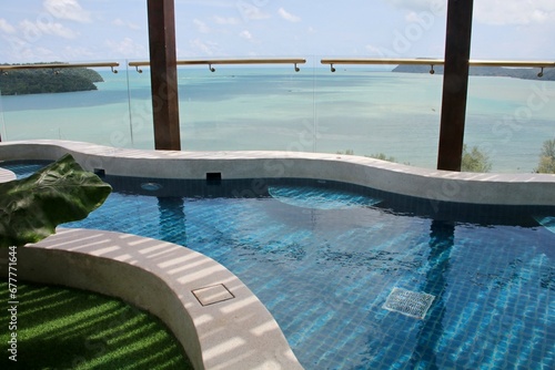 The hotel's indoor pool overlooks the ocean.