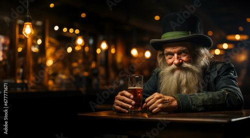 Banner with Leprechaun and a mug of beer in an Irish pub, space for text, St. Patrick's holiday
