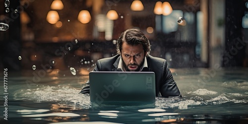 A stressed desperate businessman submerged by water in his workplace, having a burnout because of excess working, mental load, economic crisis, depression and recession, Panic on Finance photo