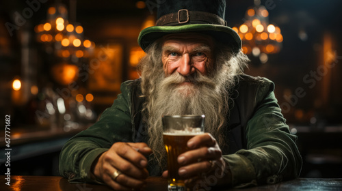 Old bearded gnome with glass of beer looking at the camera, St. Patrick's holiday, party invitation