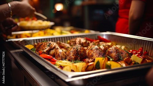 catering buffet food indoor in restaurant with meat colorful fruits and vegetables. ai generative