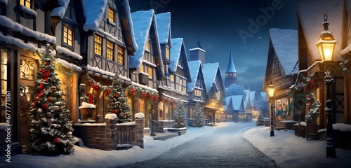 Snow-Covered Village Adorned with Twinkling Lights and Festive Decorations