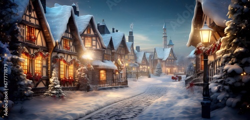 Snow-Covered Village Adorned with Twinkling Lights and Festive Decorations © Aleksandr