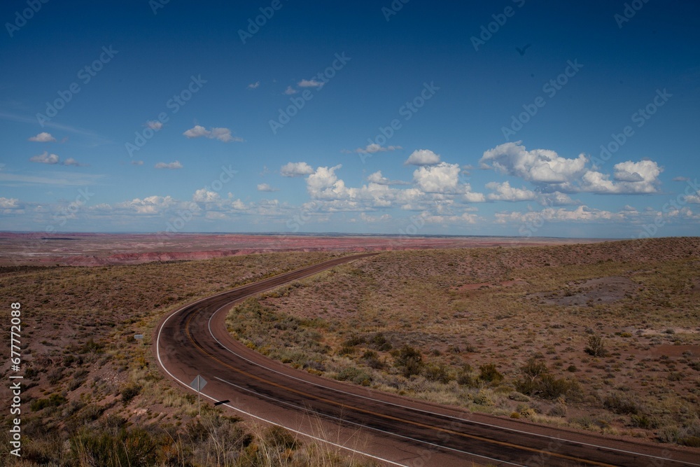 Scenic view of an open road in Petrified Forest National Park in Arizona