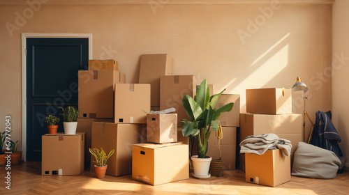 Relocation concept. Cardboard boxes and cleaning supplies for moving to a new home. ai generative © Oleksandr