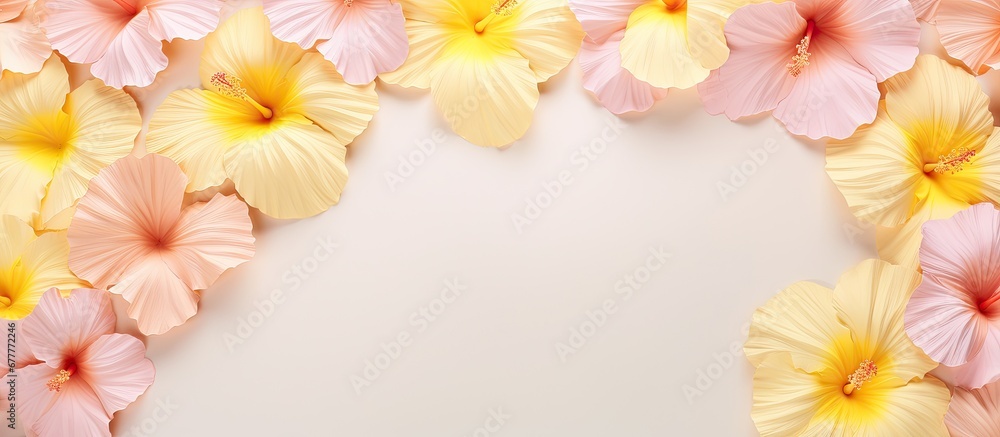 The pale pink and pale yellow textured hibiscus pattern on the paper creates a beautiful background giving the surface a textured and blank backdrop The pale pink and pale yellow textured hibiscus pattern on the paper creates a beautiful background giving the surface a textured and blank backdrop