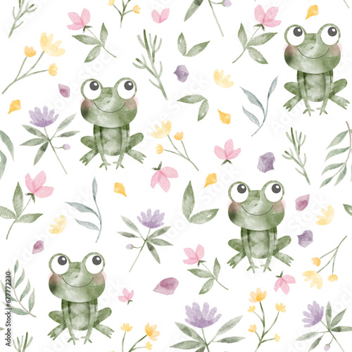 Watercolor seamless pattern with a cute green frog. A frog in a flower garden. Funny amphibian character. Illustration for postcards, posters.