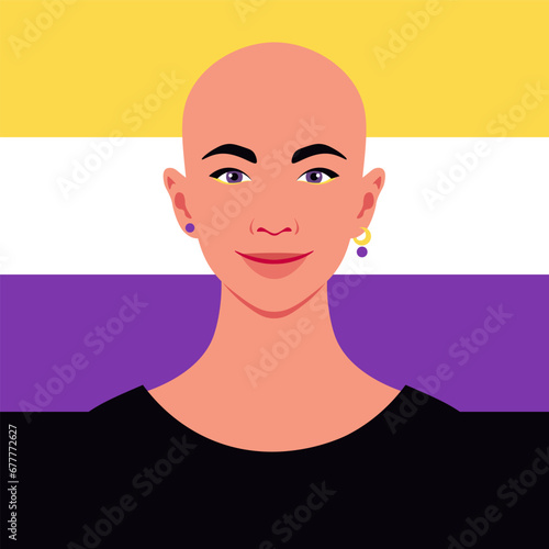 A portrait of a young nonbinary person. LGBTQIA. A pride flag. Vector flat illustration 