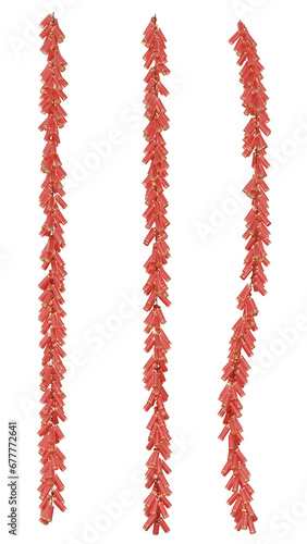 Immerse yourself in the joy of Lunar New Year celebrations with our 3D illustration showcasing red firecracker strings. Transparent PNG format.