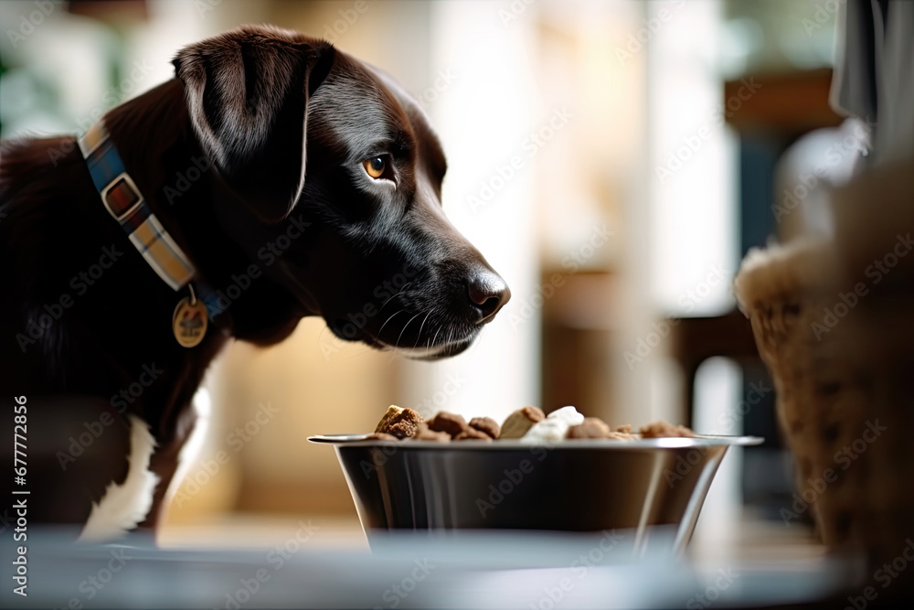 Φωτογραφία Hungry dog retriever craving a tasty meal, standing beside a metal bowl in the kitchen
