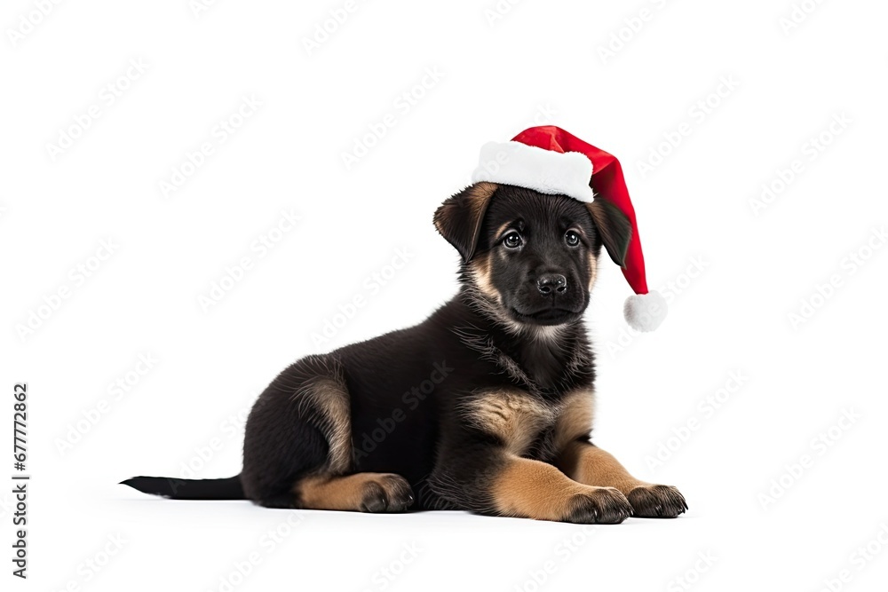 Adorable white puppy in a Santa hat, celebrating Christmas with festive cheer and holiday charm.