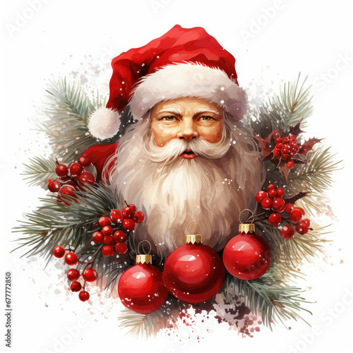 Christmas clipart. Santa Claus against a background of Christmas balls and yakoda. Watercolor drawing, Merry Christmas and Happy New Year concept