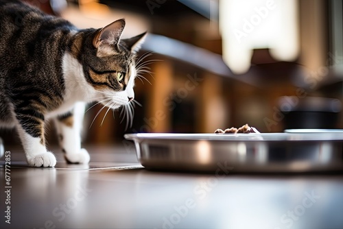 A cute and curious tabby cat eating from a bowl, displaying its adorable and playful demeanor near a window.