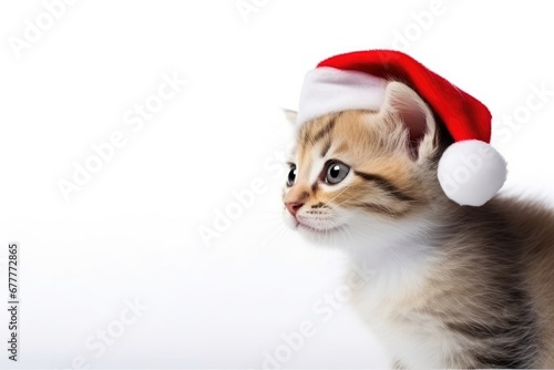 Adorable kitten in a Santa hat brings cute and festive charm to Christmas celebrations.