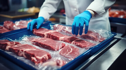 Meat factory worker pack the meat into the plastic foil on the machine at food factory.