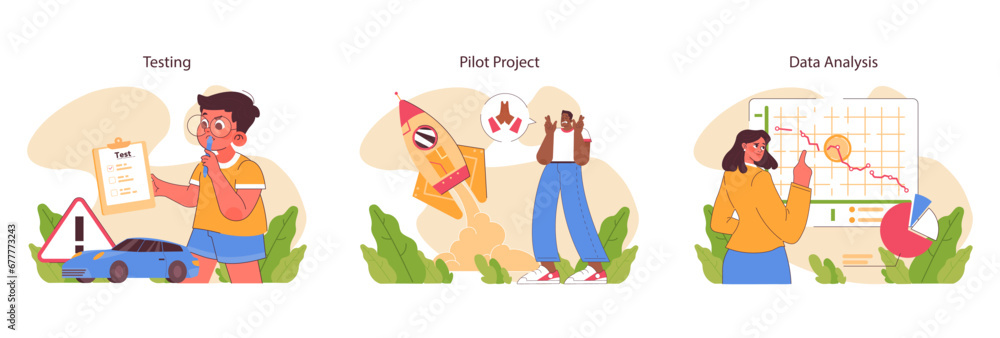 Innovation cycle set. Generation of a creative idea or business solution. Start up or new project development. Data analysis, prototyping and testing. Flat vector illustration Innovation cycle set. Generation of a creative idea or business solution. Start up or new project development. Data analysis, prototyping and testing. Flat vector illustration