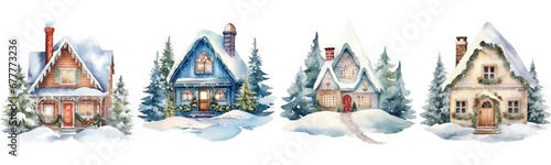 Watercolor Winter House Set Christmas Vector Illustration