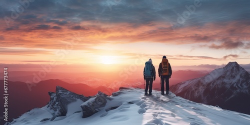 Couple man and woman hikers on top of a mountain with snow at sunset or sunrise  together enjoying their climbing success and the breathtaking view  looking towards the horizon