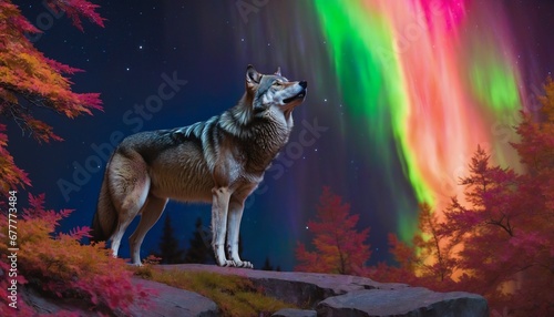 Lone Wolf Bathed in Aurora Borealis