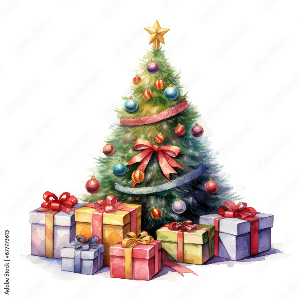 Watercolour Christmas tree with presents on an isolated white background Watercolour Christmas tree with presents on an isolated white background